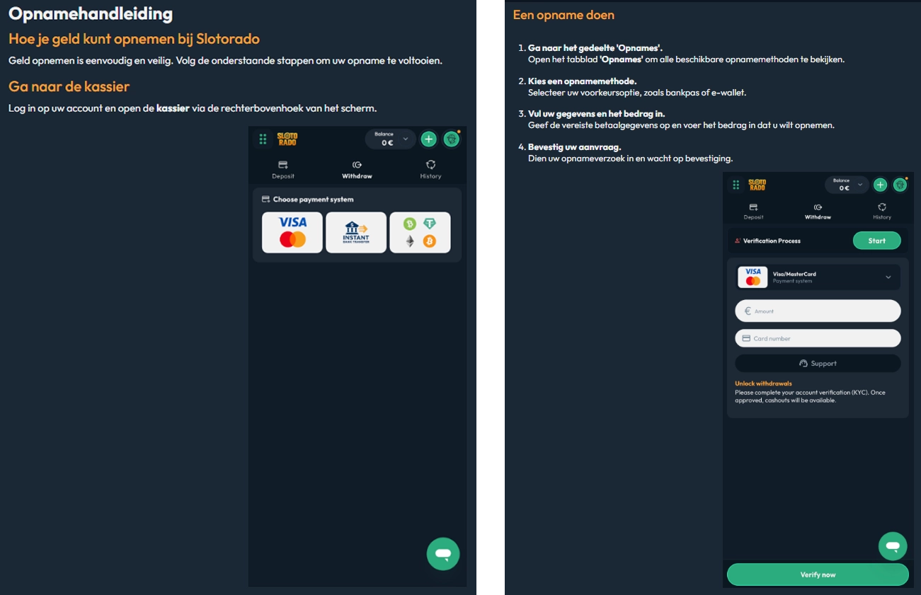 Slotorado Casino opname aanvragen en betaalmethode kiezen