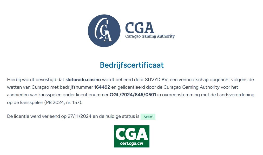Slotorado Casino licentiecertificaat