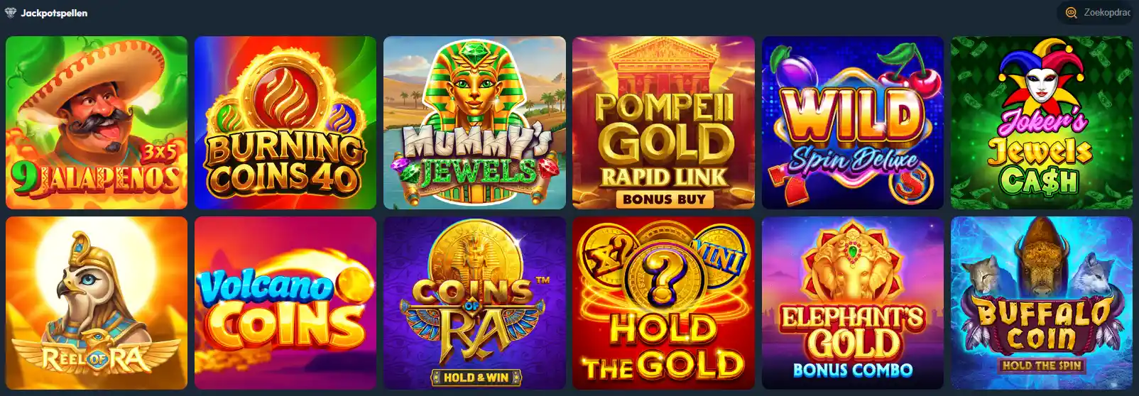 Slotorado Casino jackpot games met Vulcan's Gold, Reel of Ra en Joker's Jewels Cash
